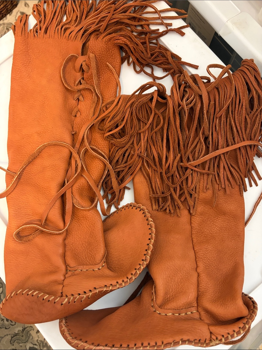Fringed handmade barefoot moccasin Boots in Burnt Orange super soft Leather